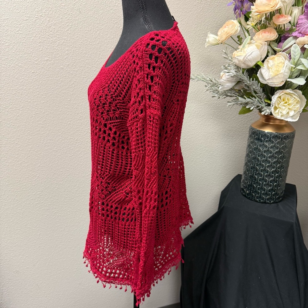 Hannah Red Crochet Knit Boho Sheer Long Sleeve Tunic Top Cover Up Size L - Picture 2 of 7